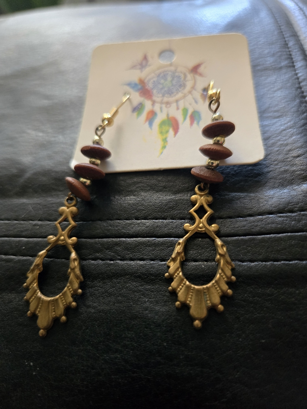 Boho Gold Drop Earrings with Brown Bead Accents